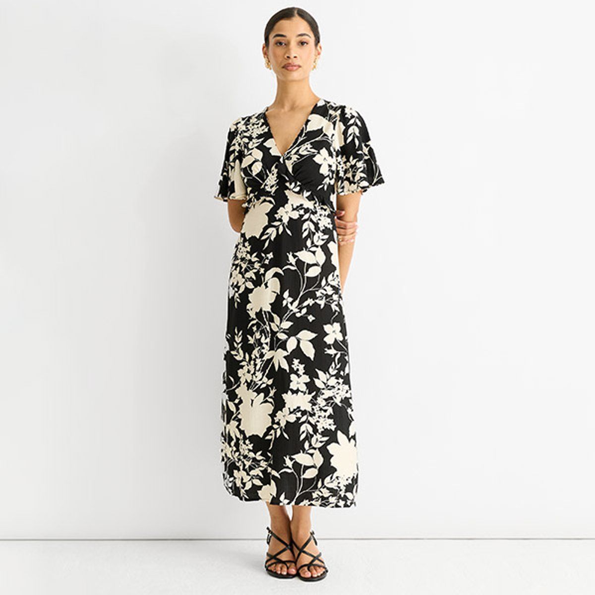Florales Midikleid mit Rüschen-V-Ausschnitt