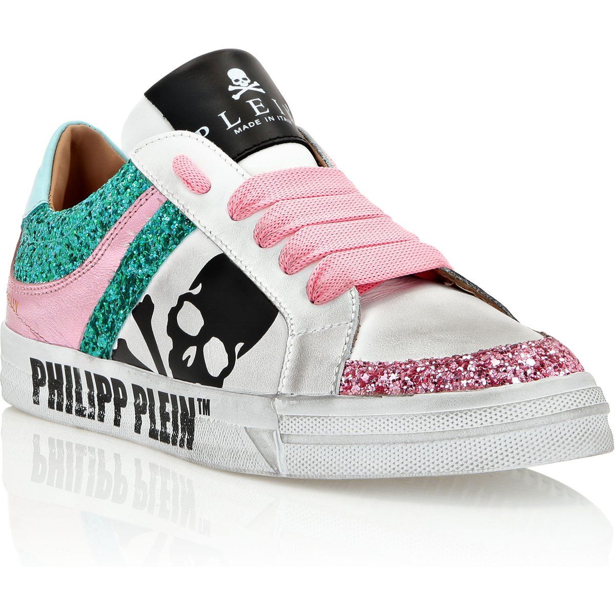 Glitzernde Low-Top-Sneaker mit Totenkopf