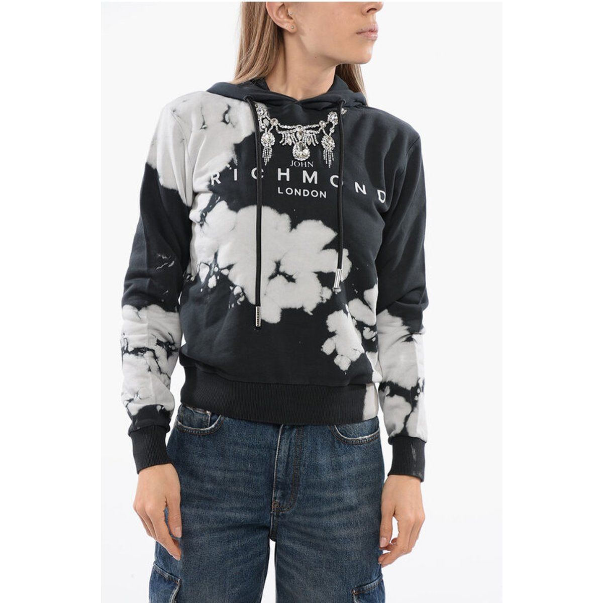 Hoodie mit Juwelen-Applikation und Batik-Muster