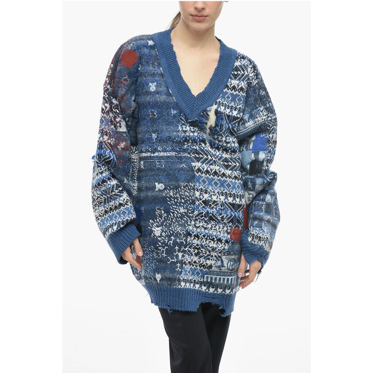 Patchwork-V-Pullover in Distressed-Optik