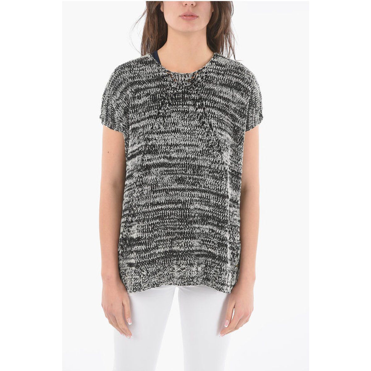 Lockerer zweifarbiger Kurzarm-Strickpullover