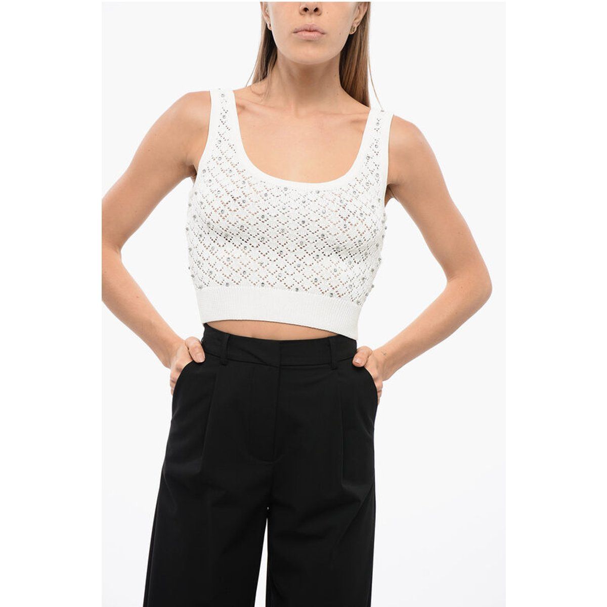 Pointelle-Strick-Crop-Top mit Kristallen
