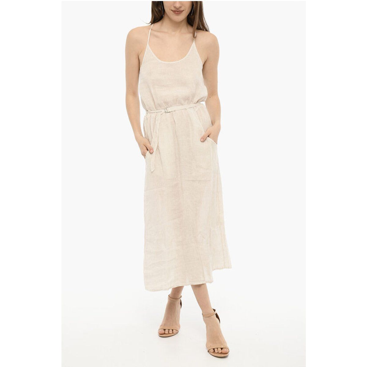 Gestreiftes Leinen-Midikleid mit Gürtel