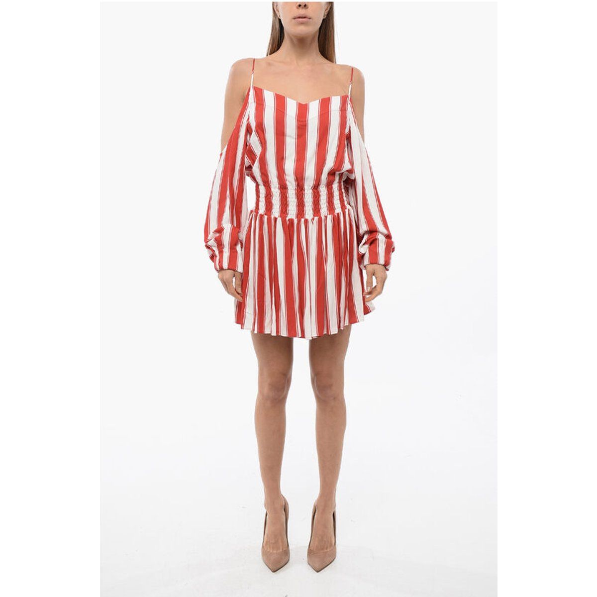 Schulterfreies gestreiftes Minikleid