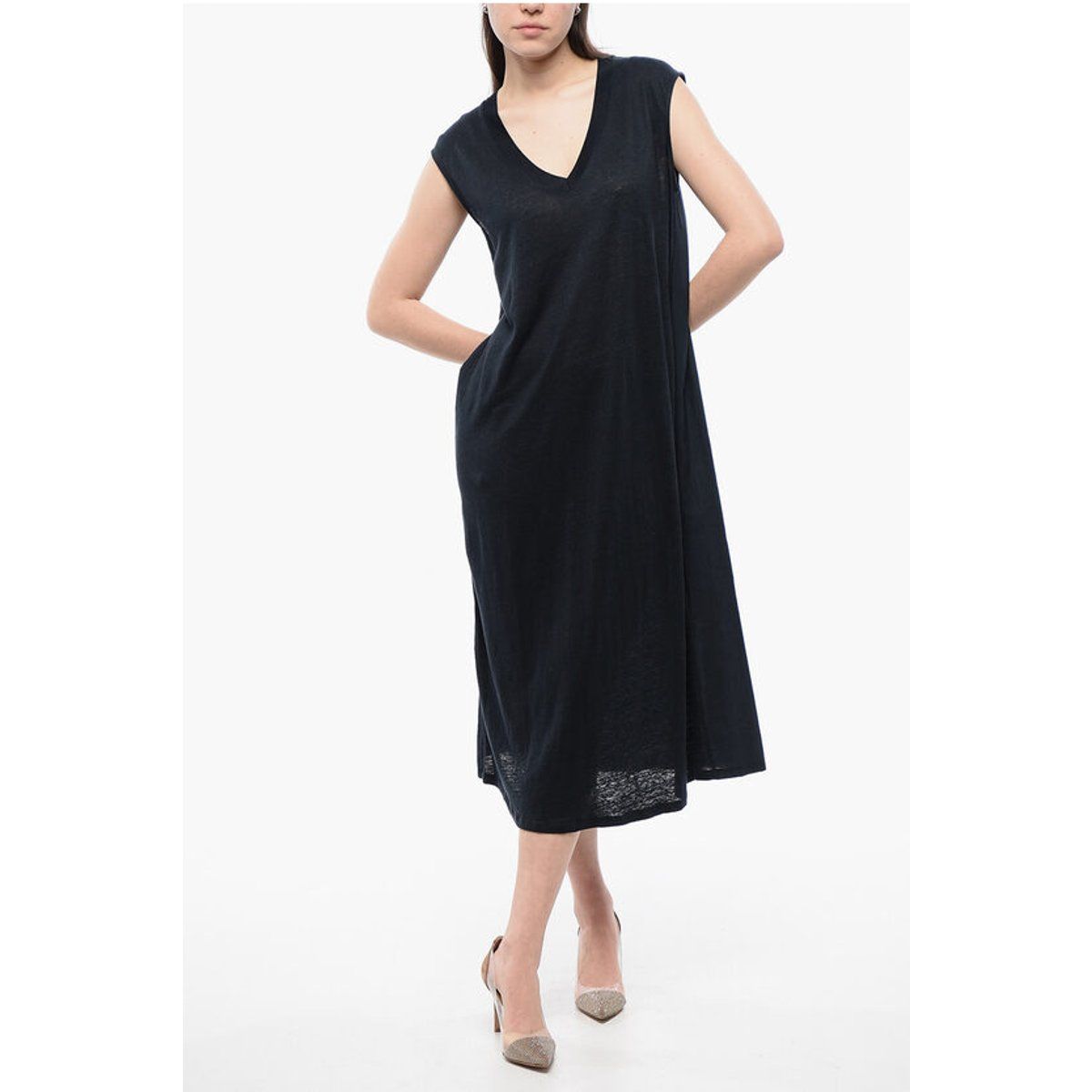Ärmelloses Leinen-Midikleid mit V-Ausschnitt