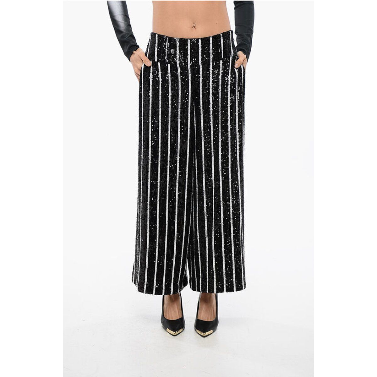 Gestreifte High-Waist-Hose mit Pailletten