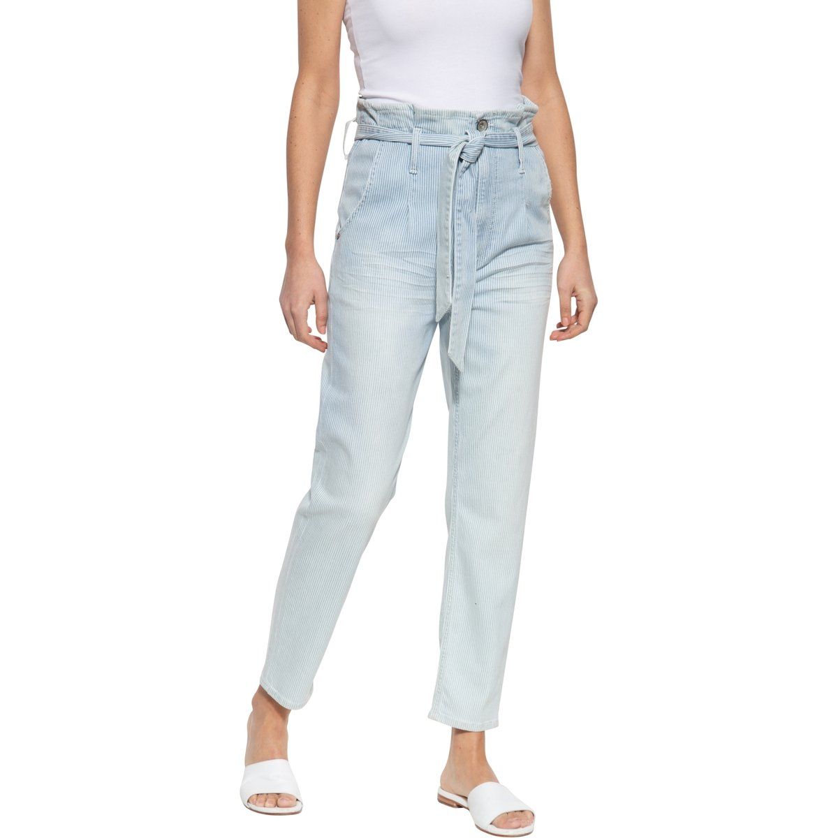 Gestreifte High-Waist Paperbag-Jeans