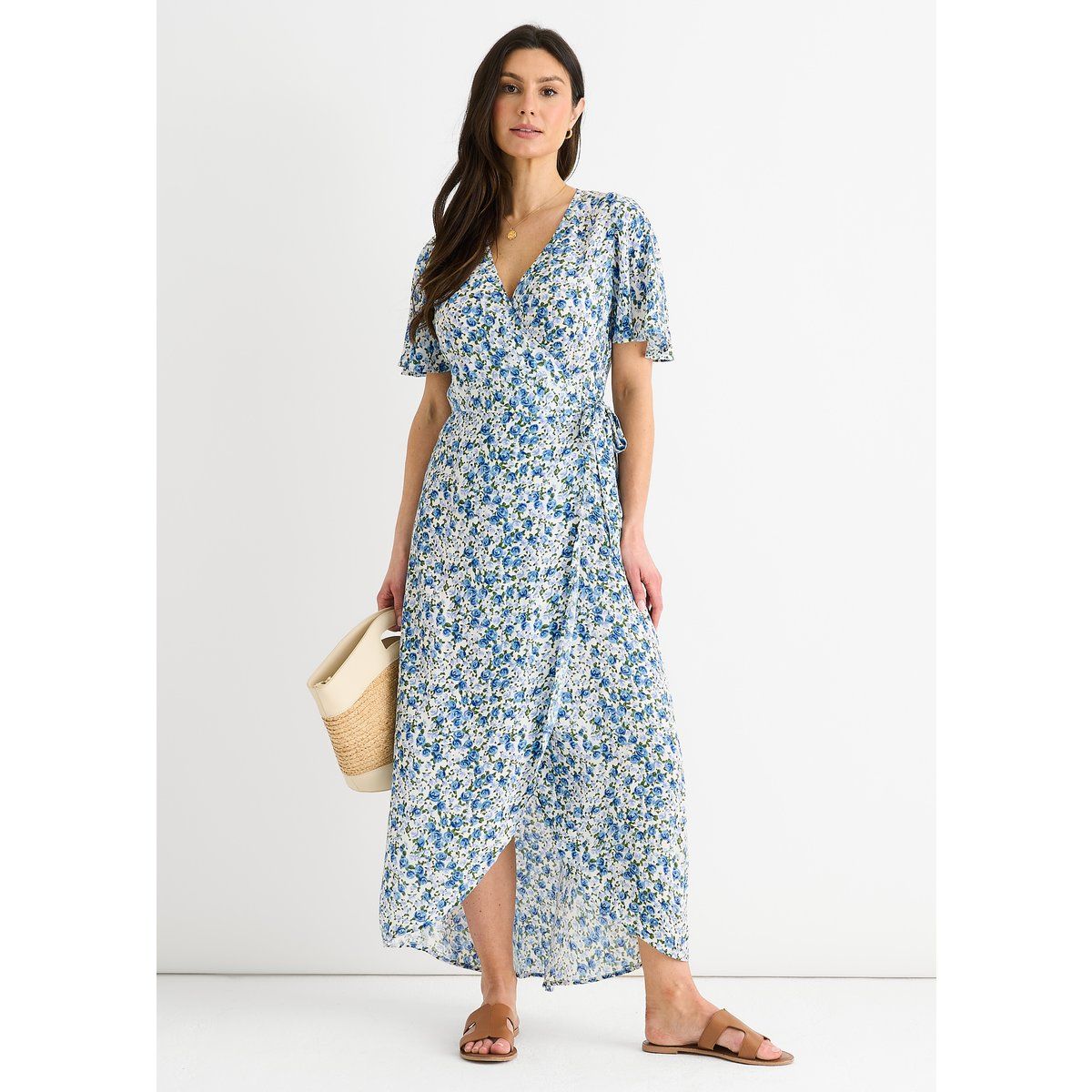 Geblümtes Wickel-Midikleid mit Flatterärmeln