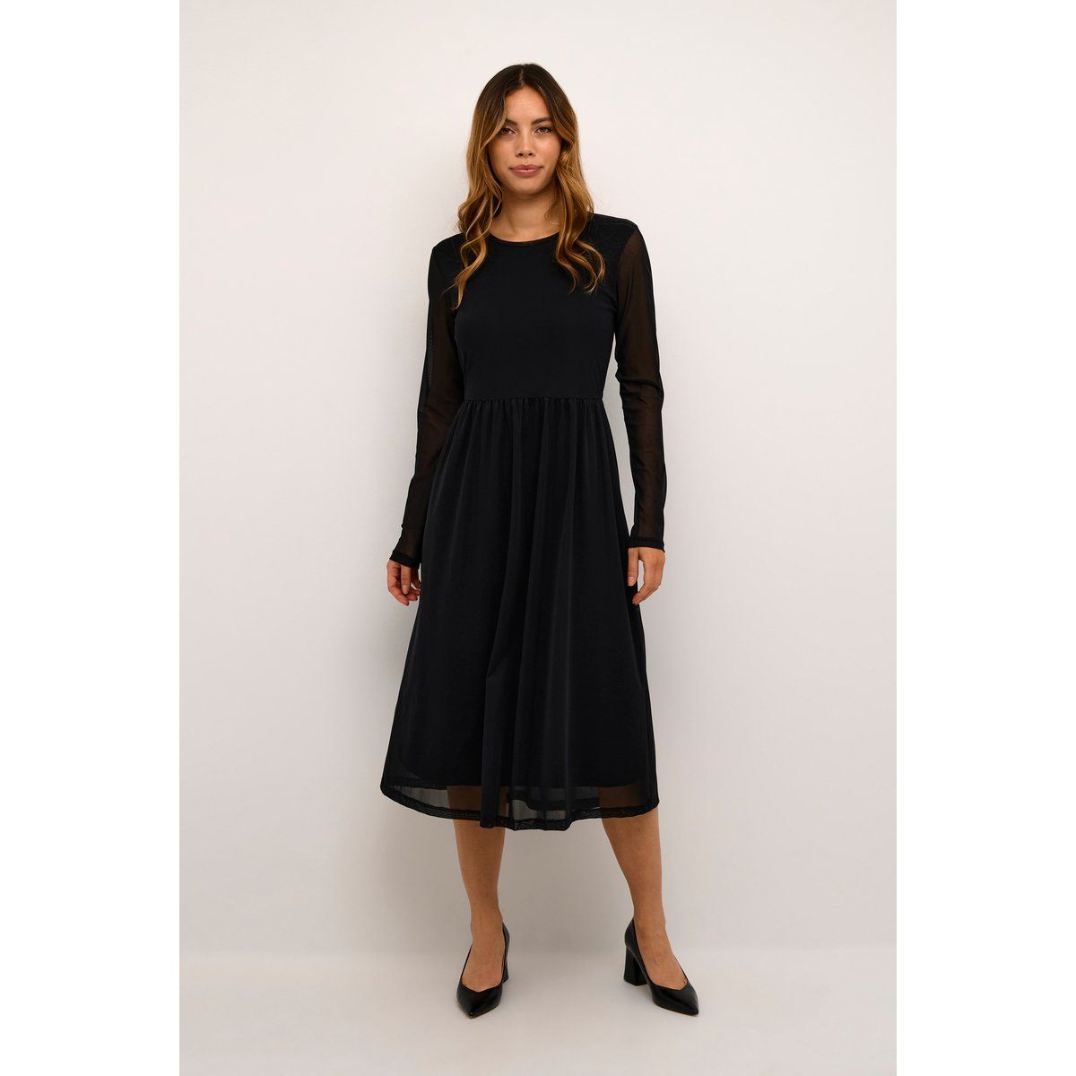 Midi-Kleid mit Netz-Overlay und Empire-Taille