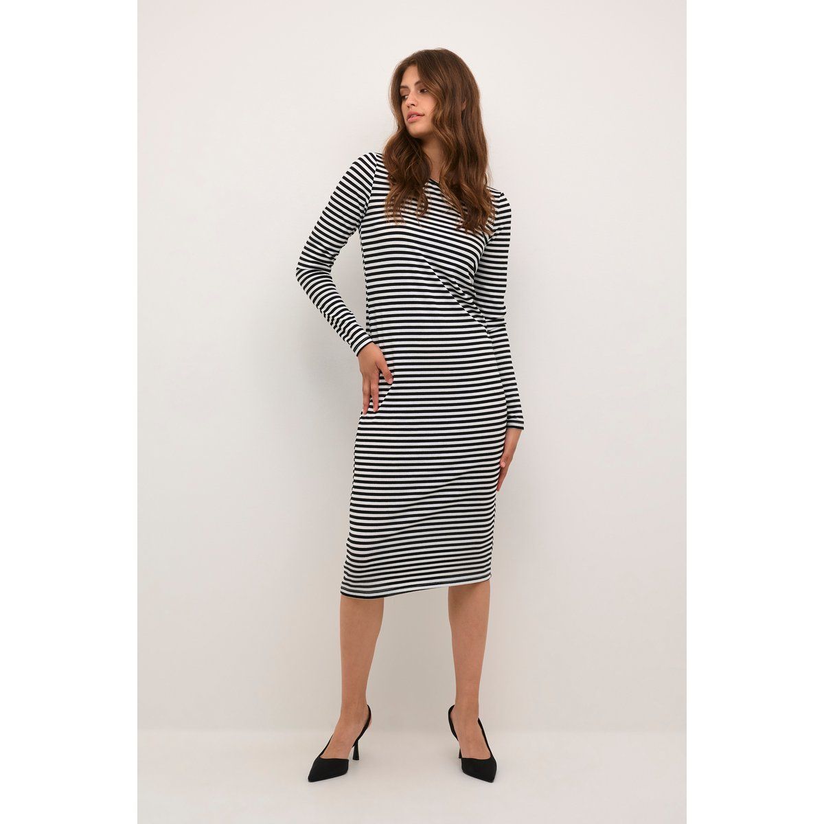Gestreiftes Langarm-Midikleid