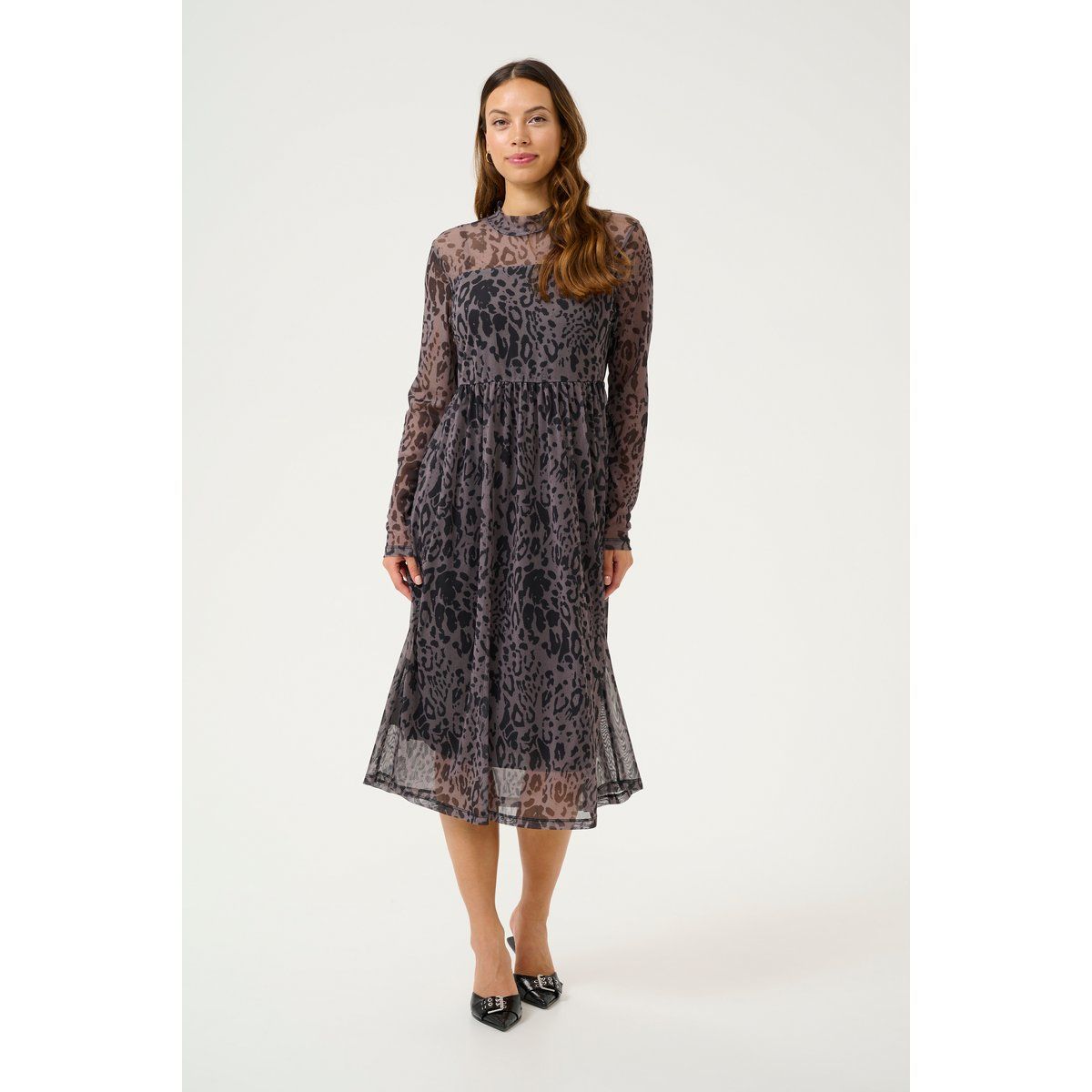 Midi-Kleid mit Mesh und Leopardenmuster