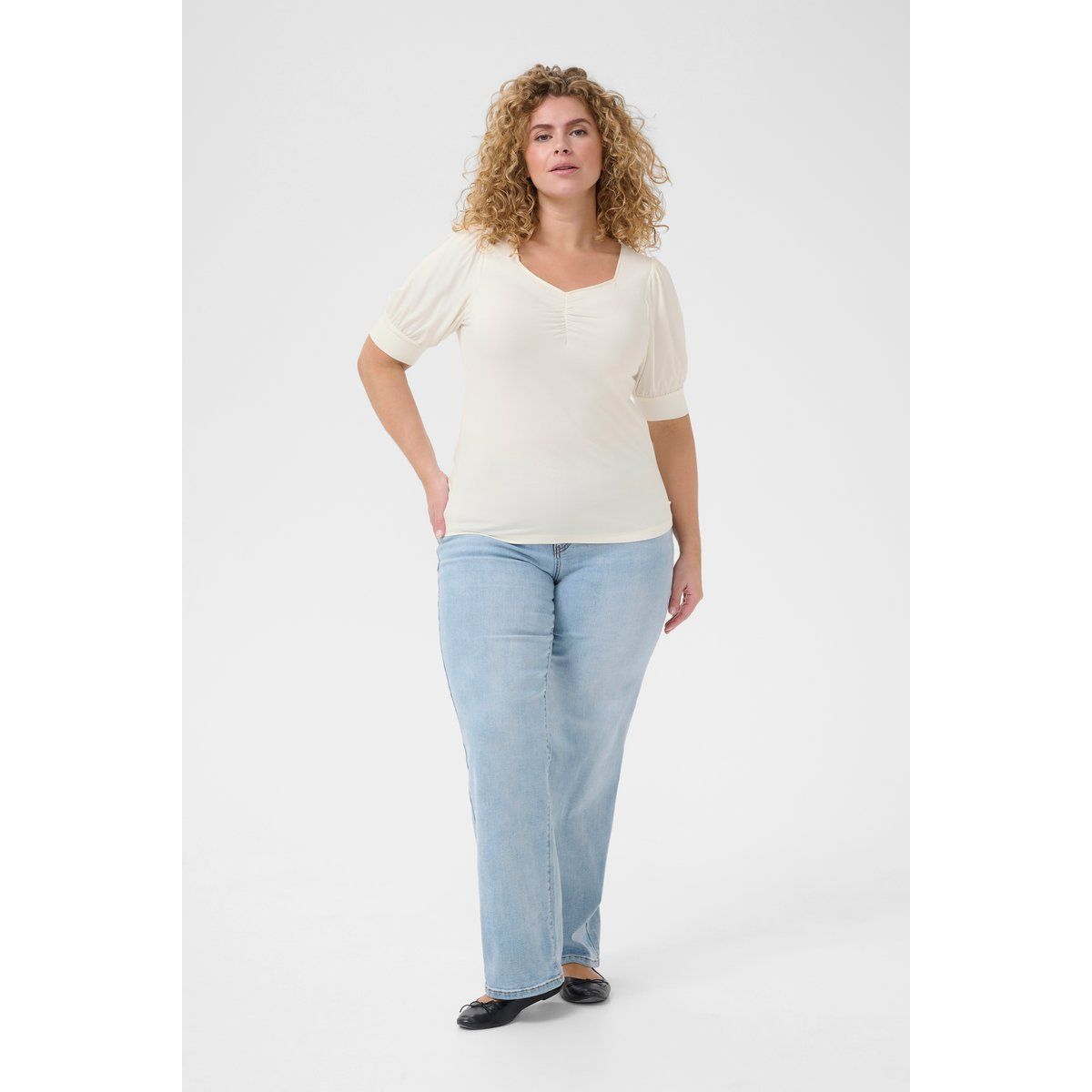 T-Shirt mit Raffung und Puffärmeln
