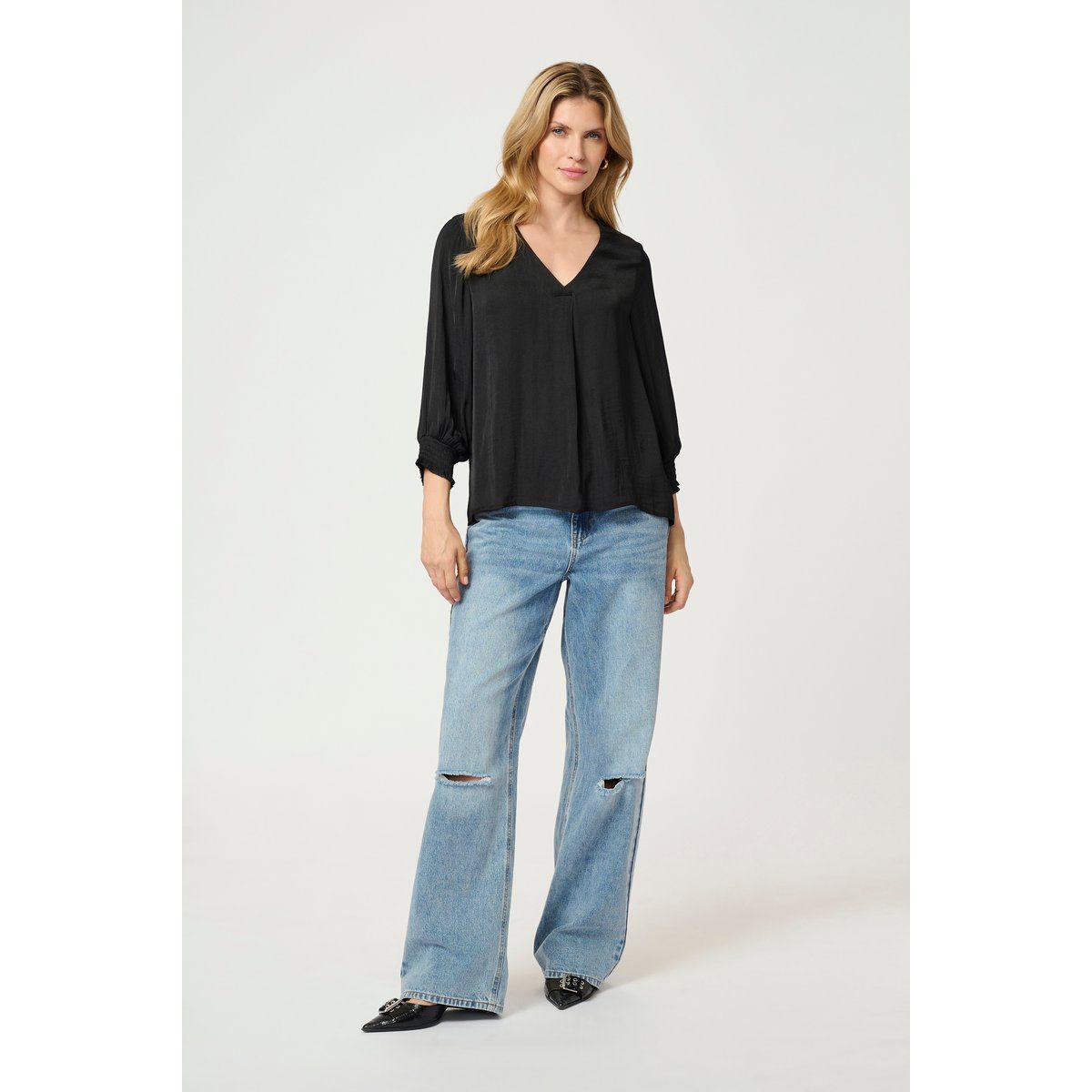 Elegante V-Ausschnitt Bluse mit Smok-Bündchen