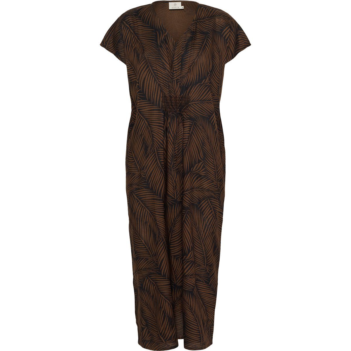 Maxikleid mit Blattmuster und V-Ausschnitt