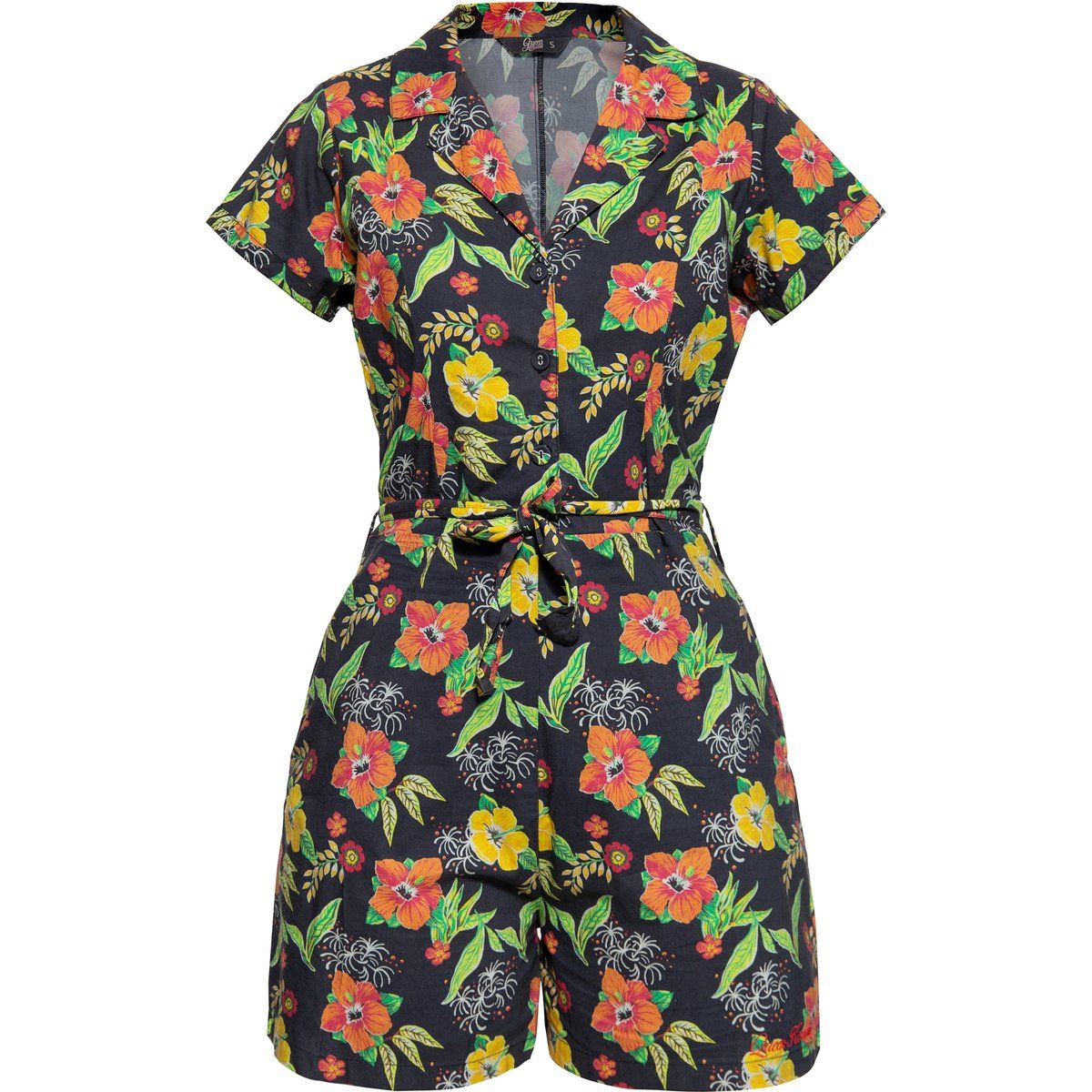 Kurzer Jumpsuit mit tropischem Muster
