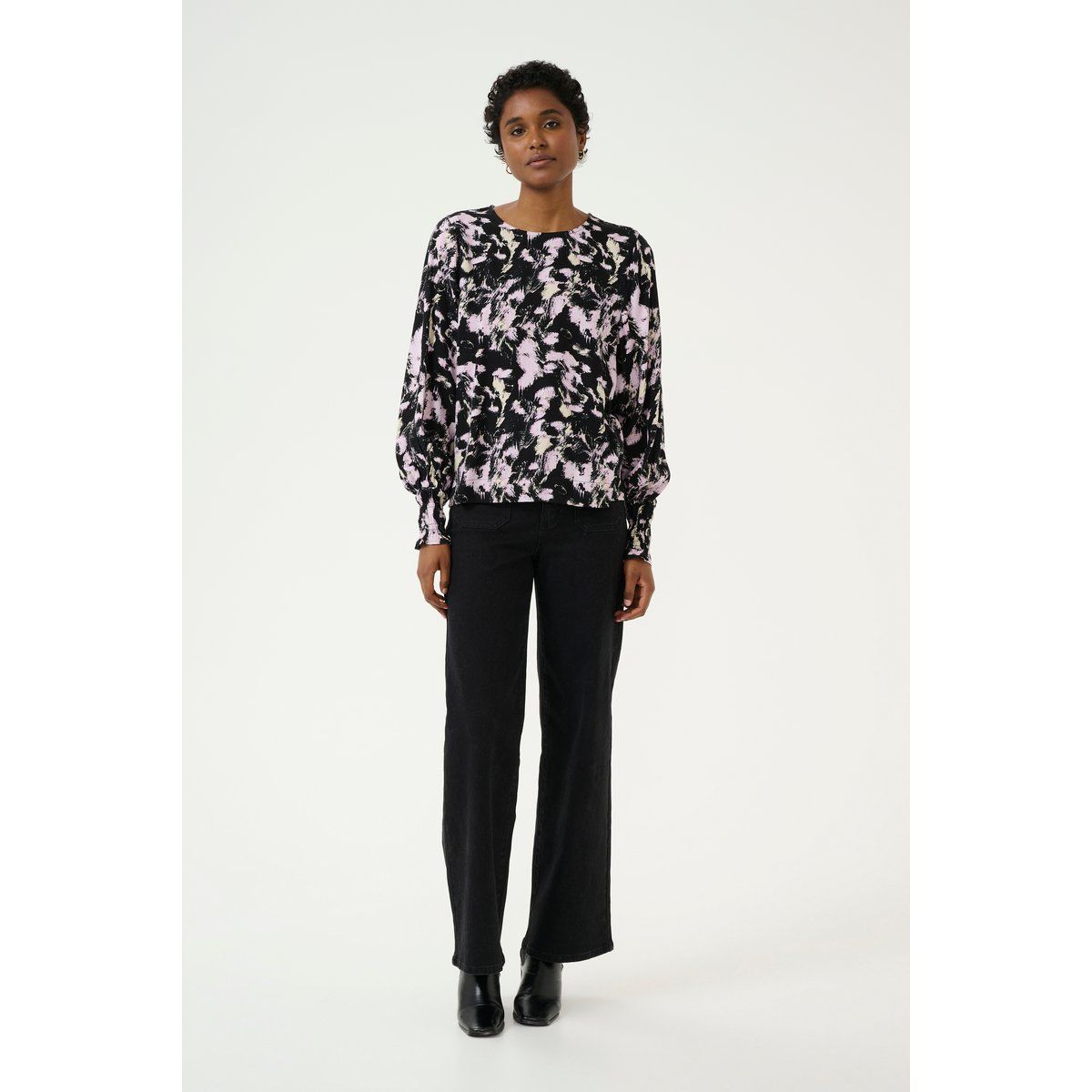 Grafik-Print Bluse mit Smok-Bündchen