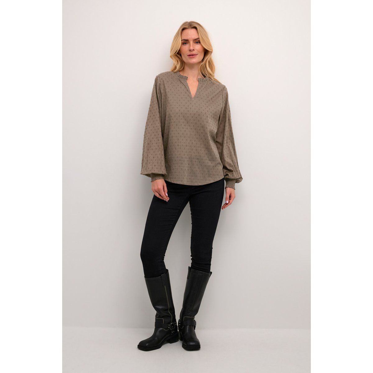 Texturierte Baumwollbluse mit Smok-Bündchen