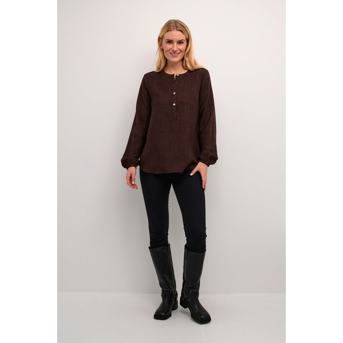 Strukturierte Henley Langarm-Bluse
