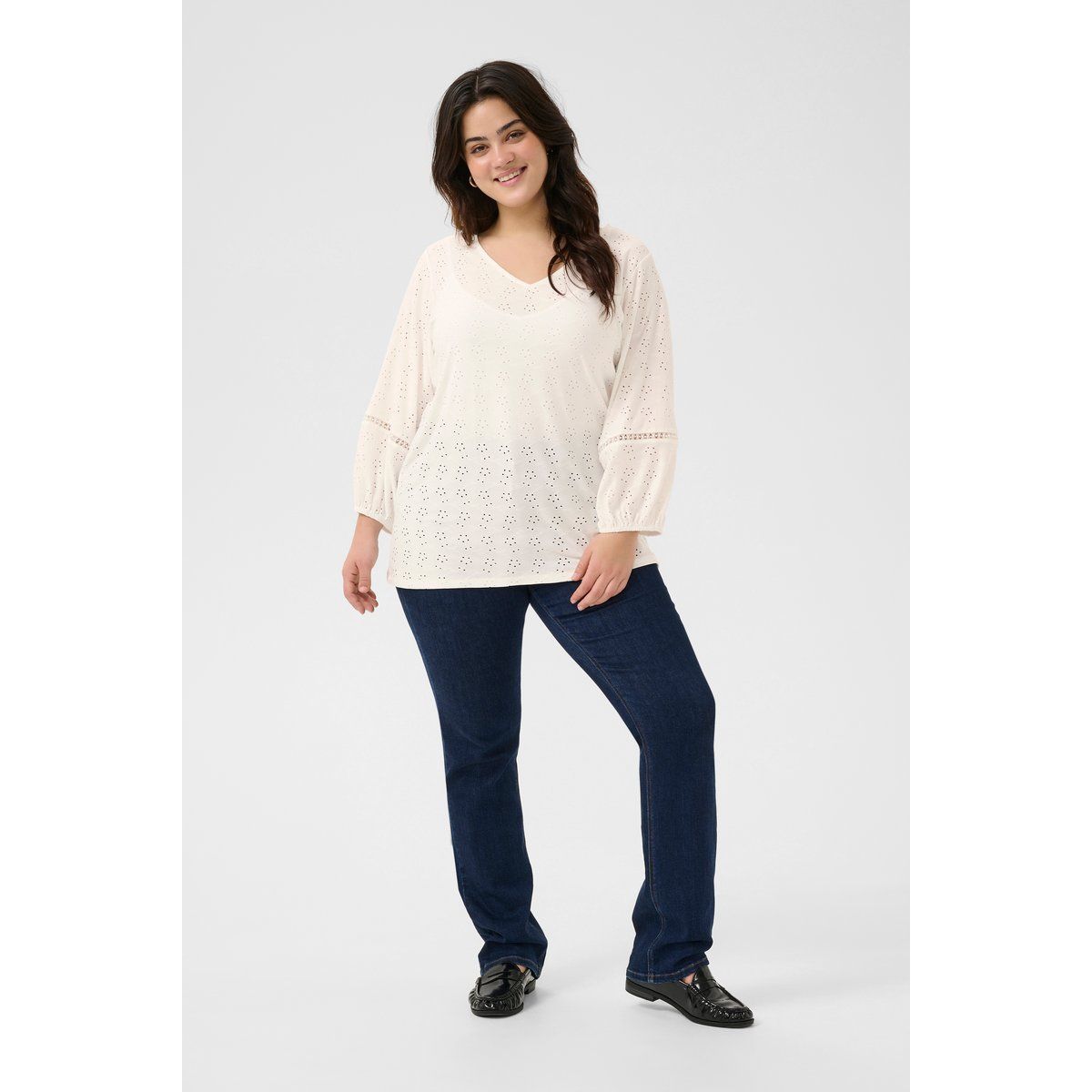 V-Ausschnitt Bluse mit Lochstickerei