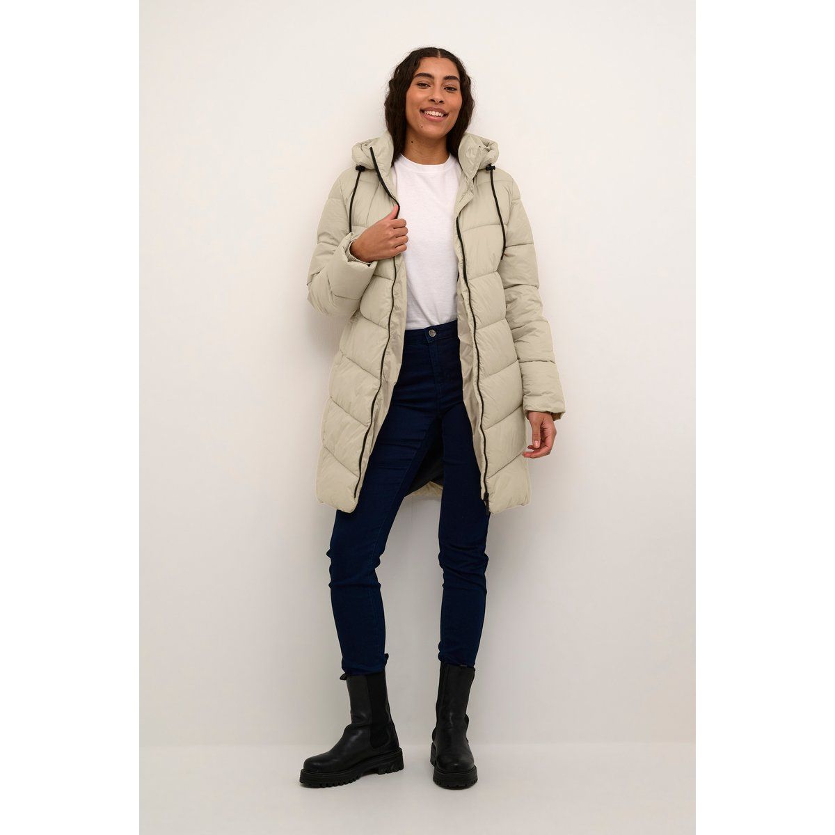 Gesteppte Lange Pufferjacke mit Kapuze