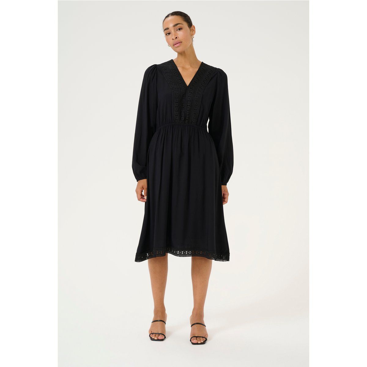 Midi-Kleid mit Spitzenbesatz und Langarm