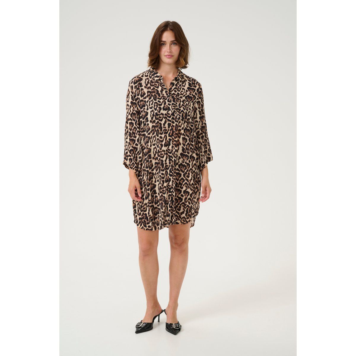 Locker geschnittenes Leopardenmuster-Hemdblusenkleid