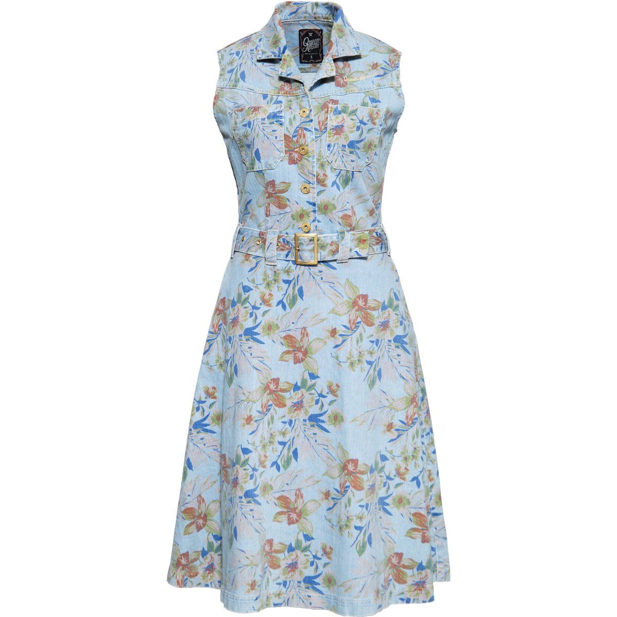Denim Swing-Kleid mit Tropenprint