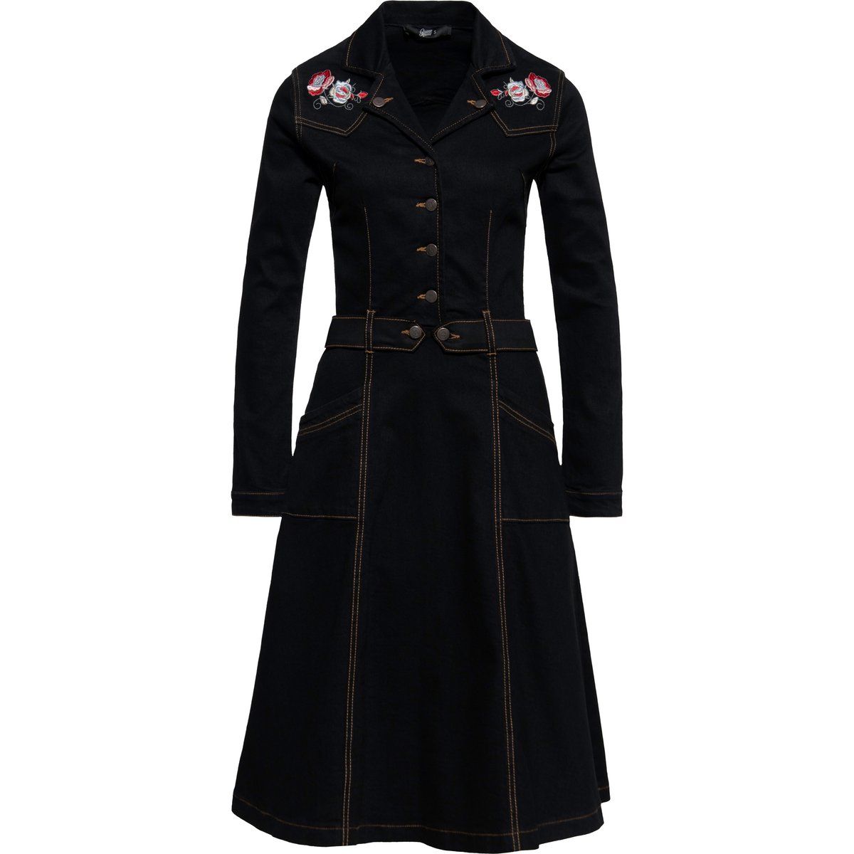 Denim-Swingkleid mit floraler Stickerei