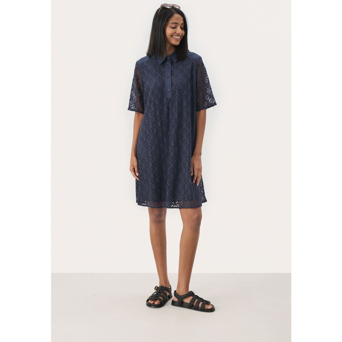 Lockeres Spitzen-Polo-Minikleid