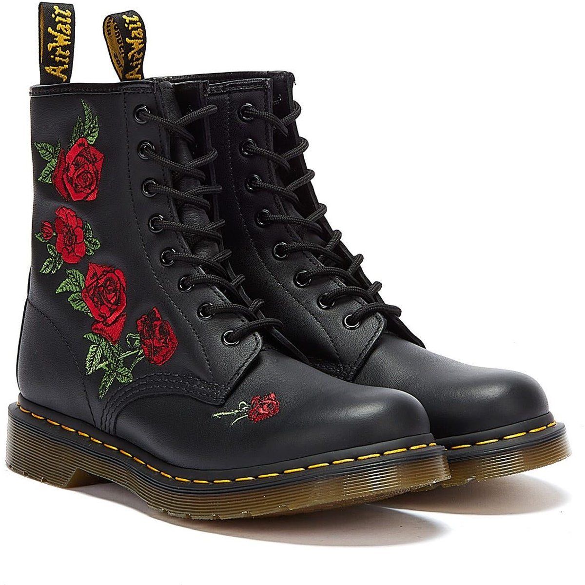 Lederstiefeletten mit Blumenstickerei und Schnürung
