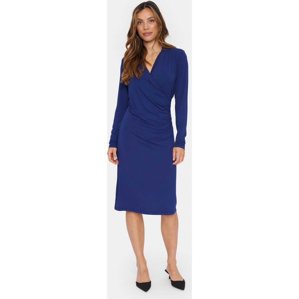 Drapiertes Langarm-Jersey-Midikleid