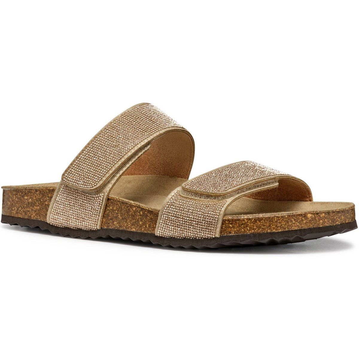 Glitzernde Zweiriemen-Sandalen mit Korksohle