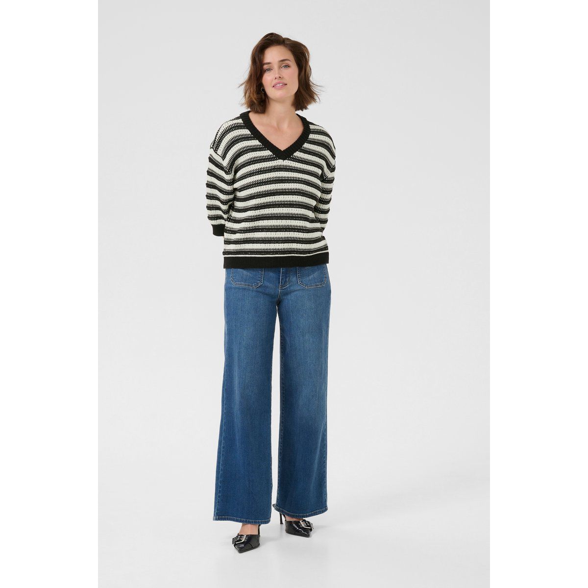 Gestreifter Loose Fit V-Ausschnitt Pullover
