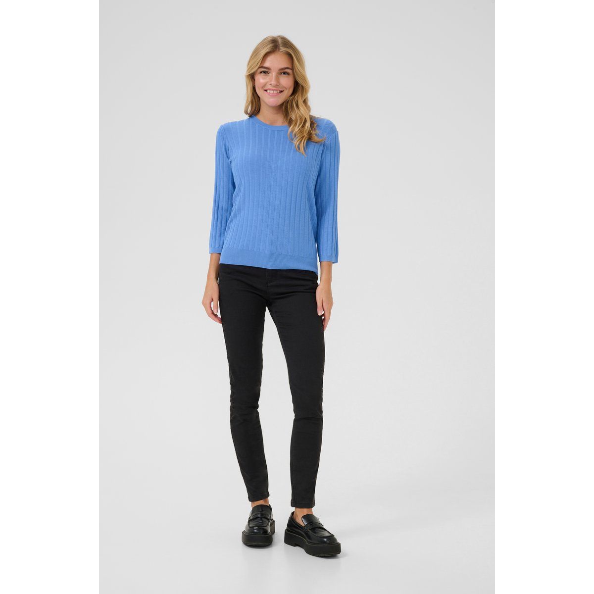 Gerippter Strickpullover mit 3/4-Ärmeln