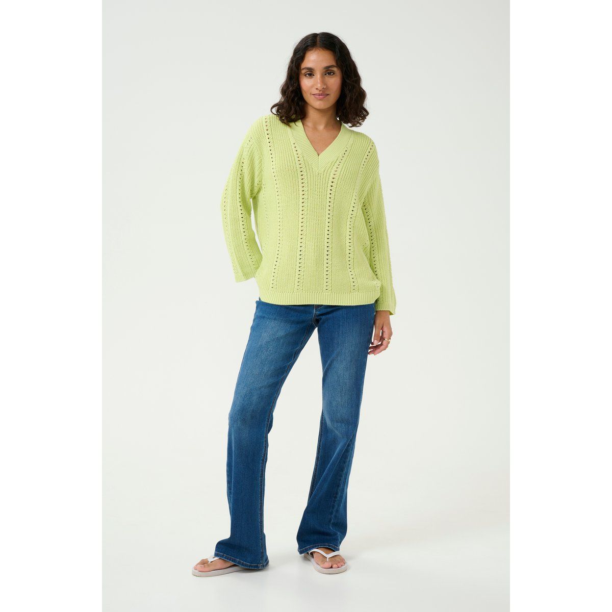 Lockerer Pointelle-Strickpullover mit V-Ausschnitt