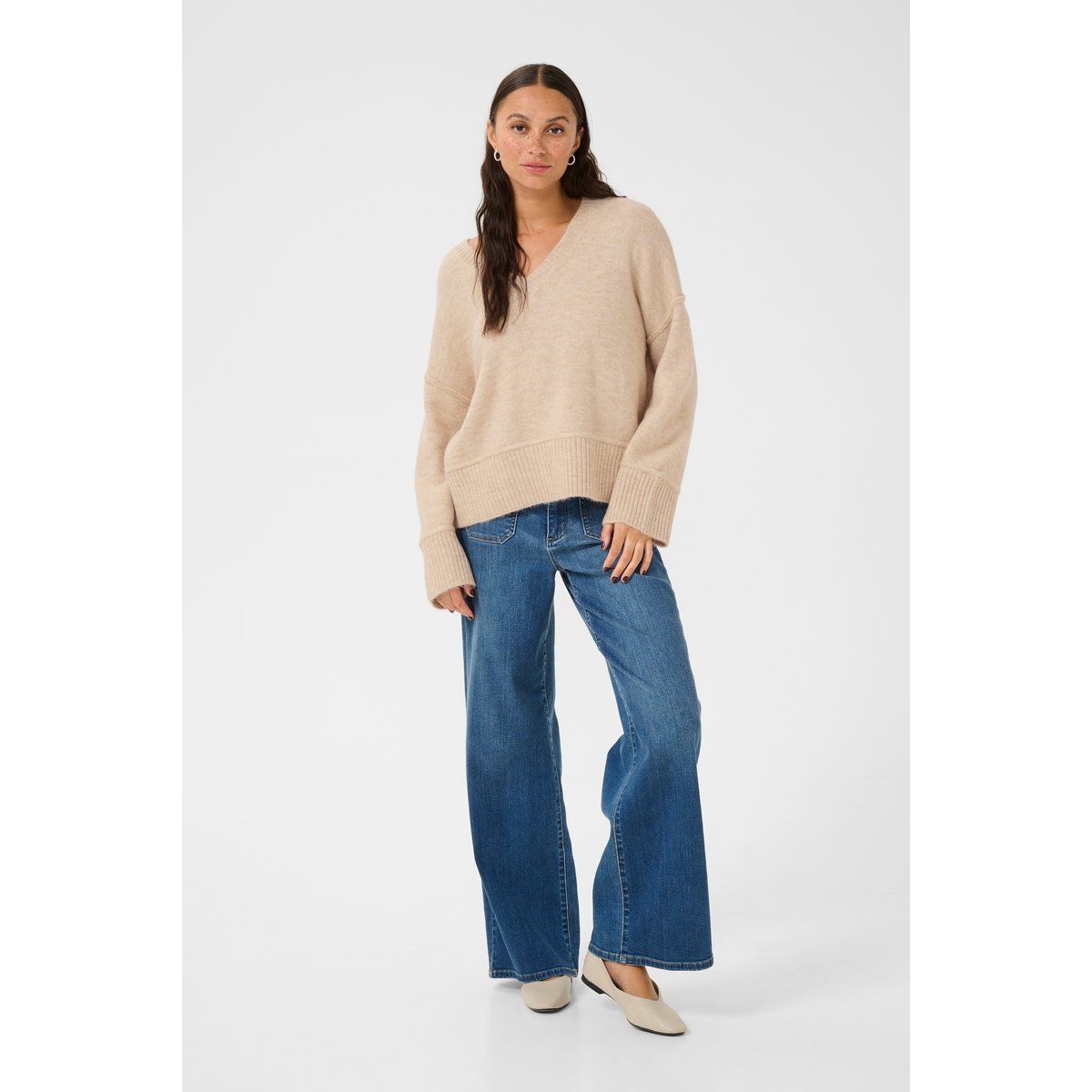 Lockere Wollmischung V-Ausschnitt Pullover