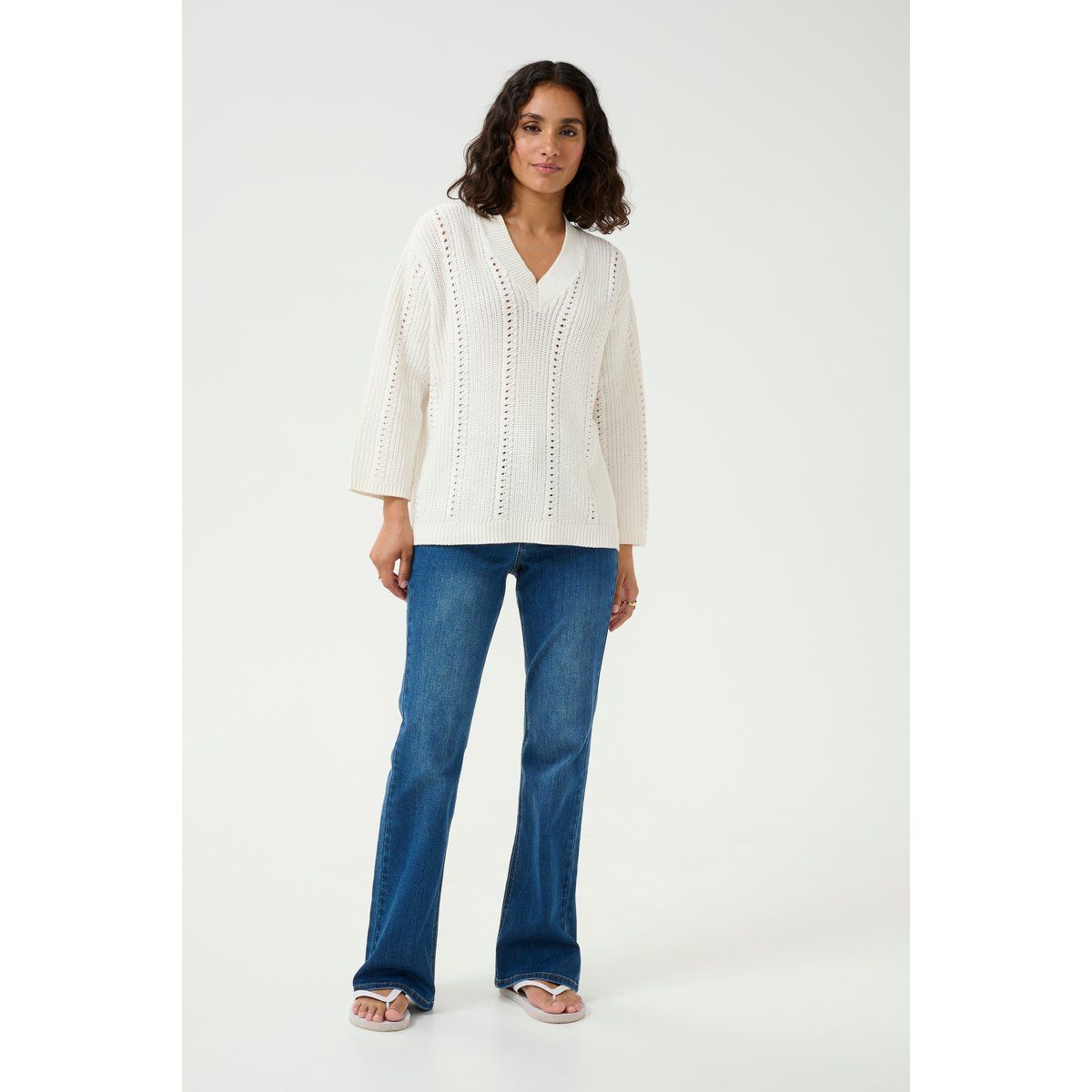 Pointelle-Strickpullover mit V-Ausschnitt