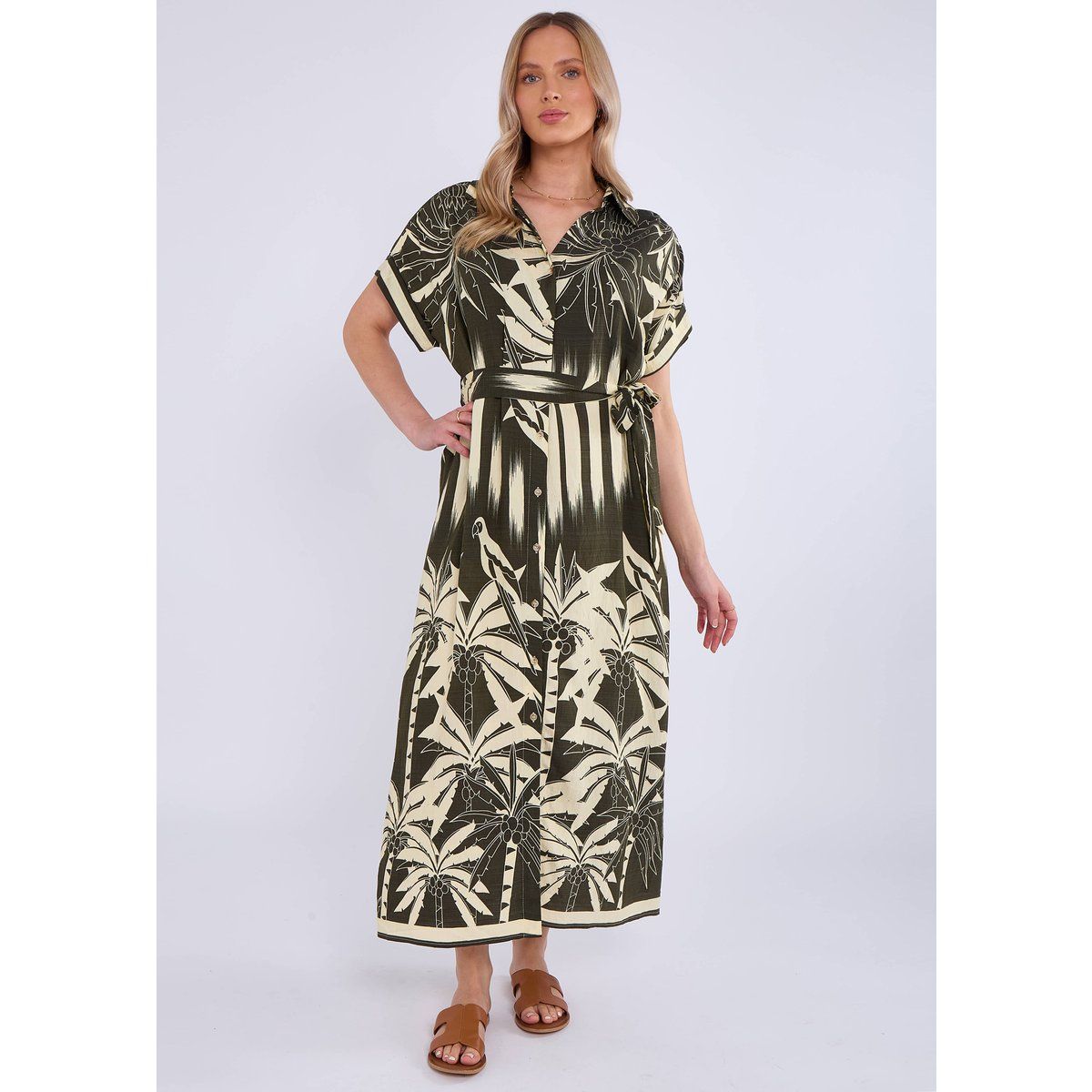 Midi-Hemdblusenkleid mit Tropen-Print
