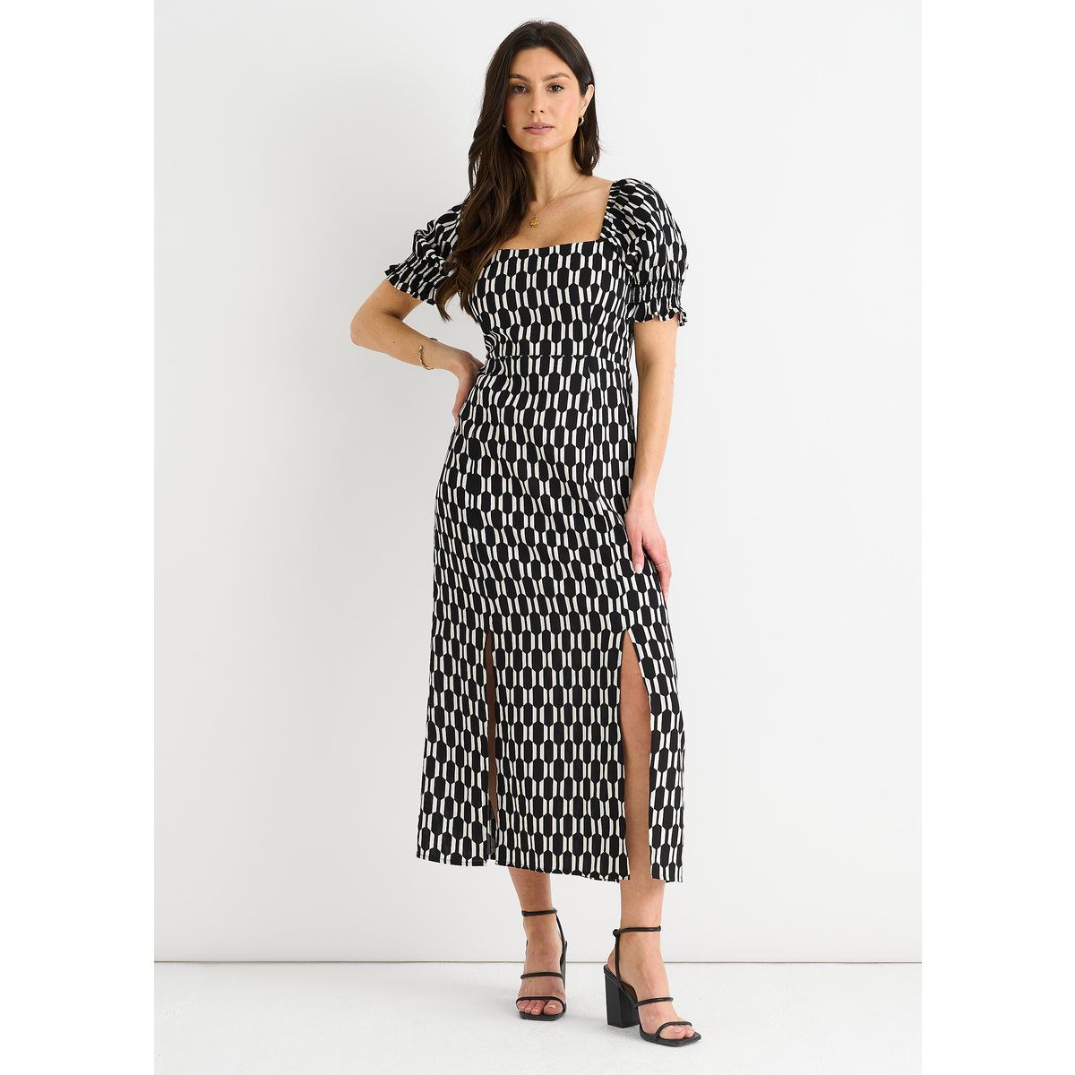 Geometrisches Midikleid mit Karree-Ausschnitt