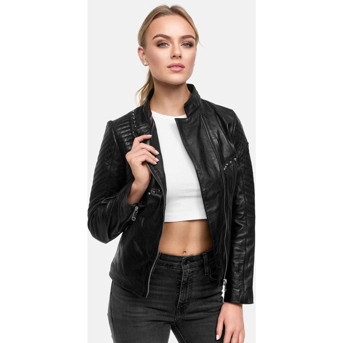 Besetzte gesteppte Bikerjacke aus Leder