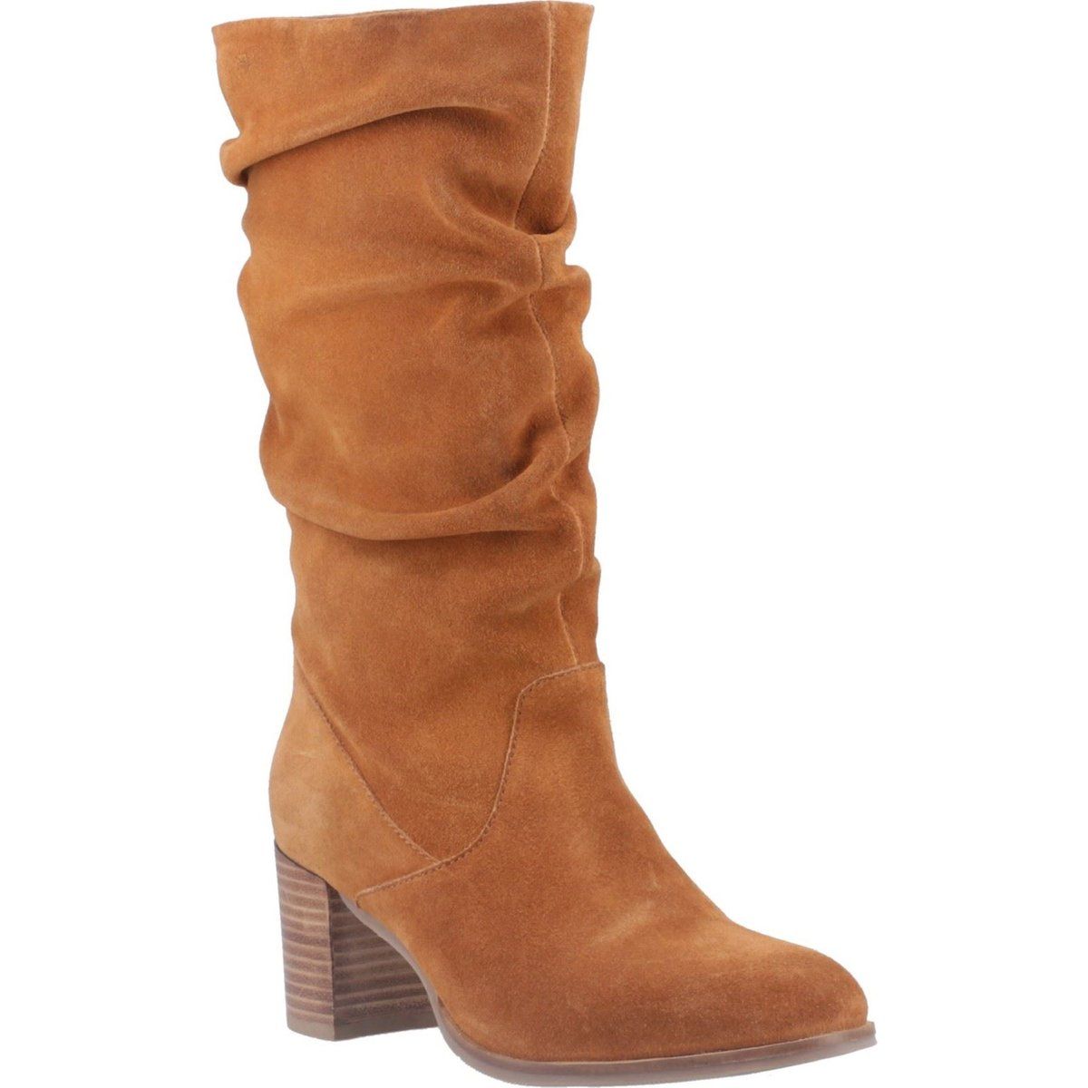 Geraffte Wildlederstiefel mit Blockabsatz