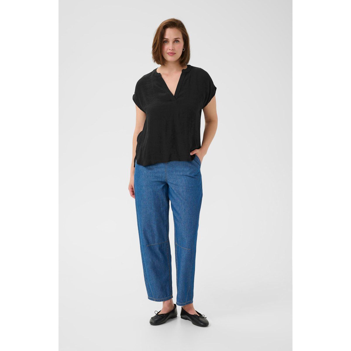 Lockere V-Ausschnitt Bluse mit Kappenärmeln