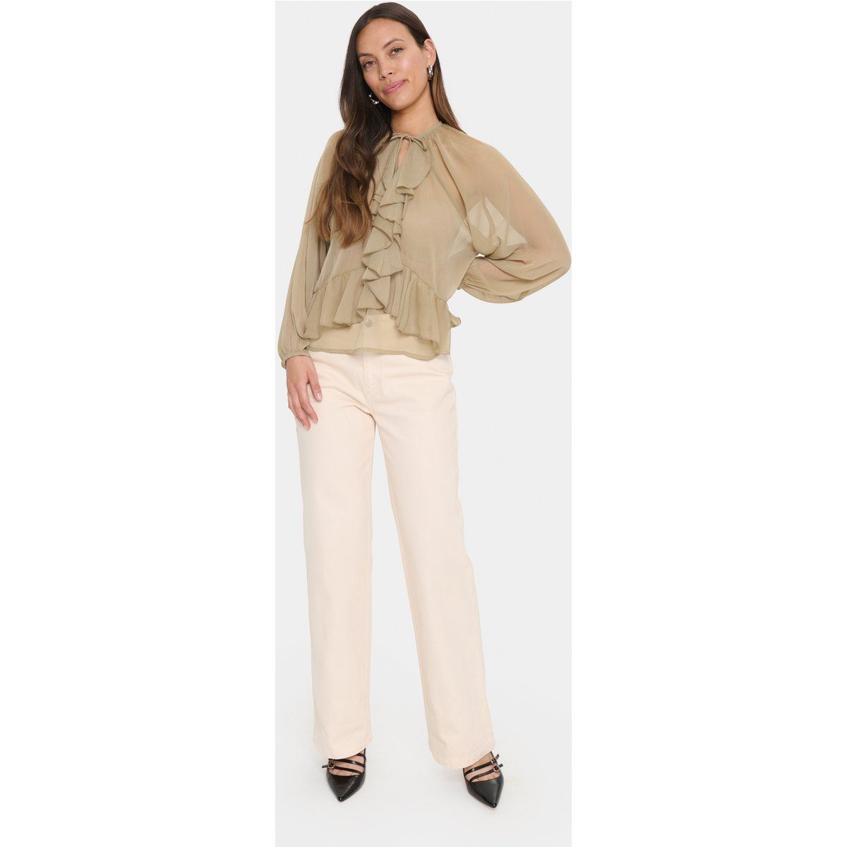 Lockere Rüschenbluse mit Bindeband