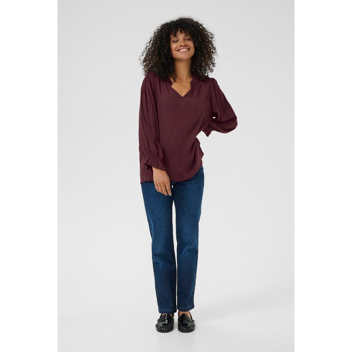 Lockere V-Ausschnitt Bluse mit Ballonärmeln