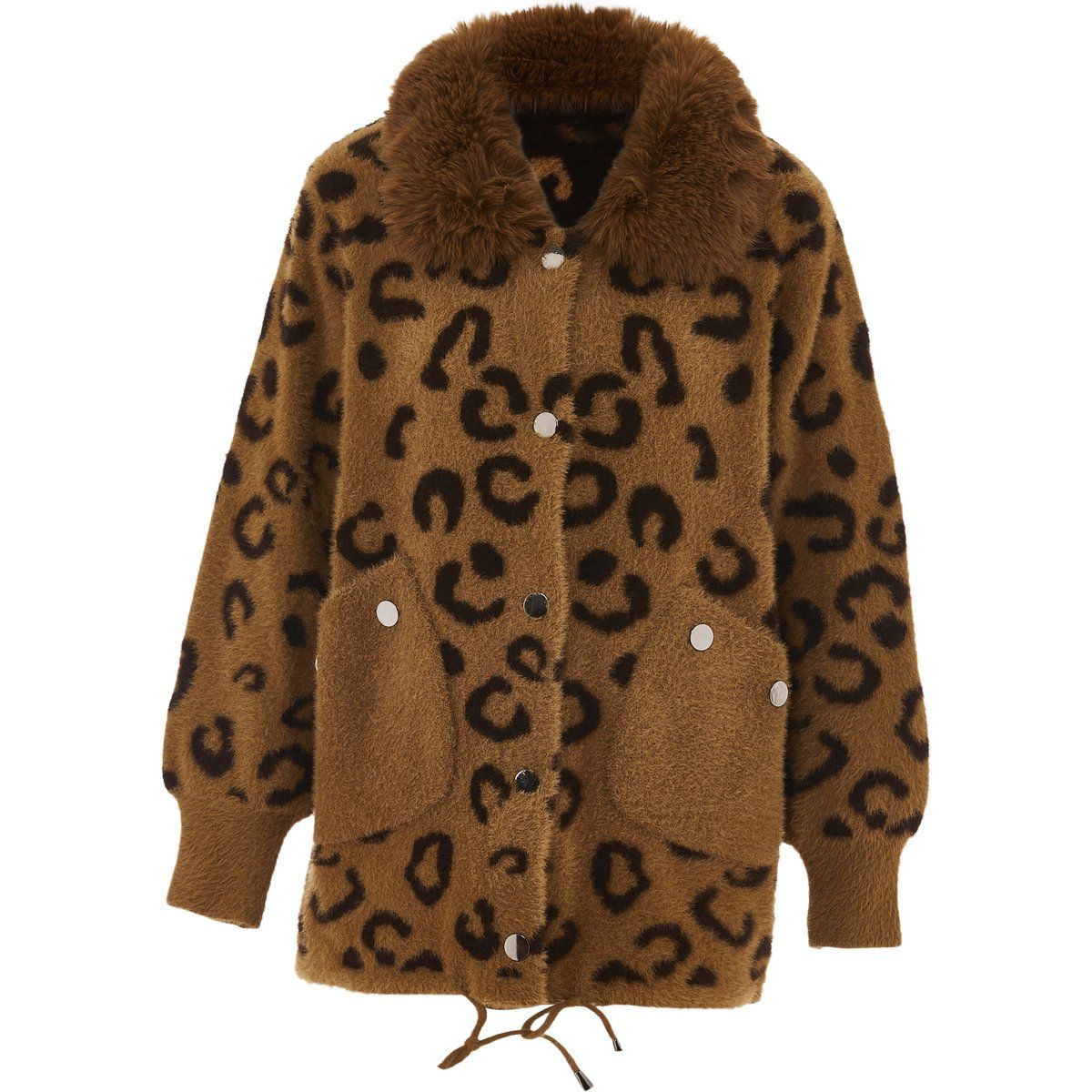 Strickjacke mit Leopardenmuster und Kunstfellkragen