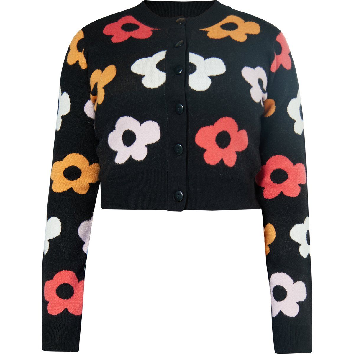 Blumengemusterte kurze Strickjacke
