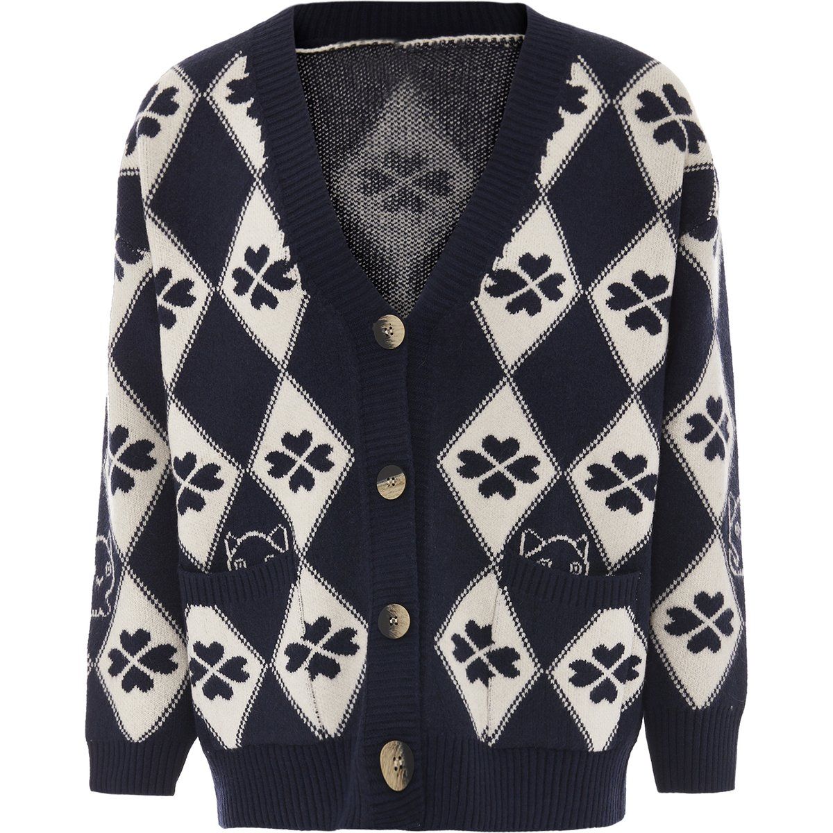 Argyle-Strickjacke mit Katzenmotiv