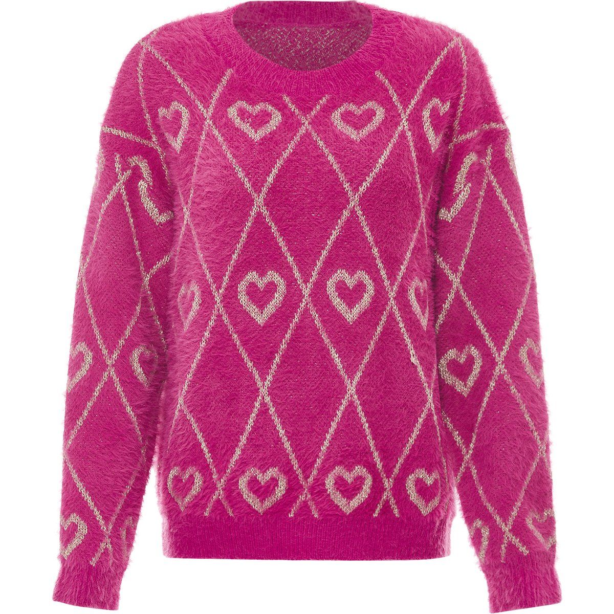 Flauschiger Strickpullover mit Herz-Rautenmuster