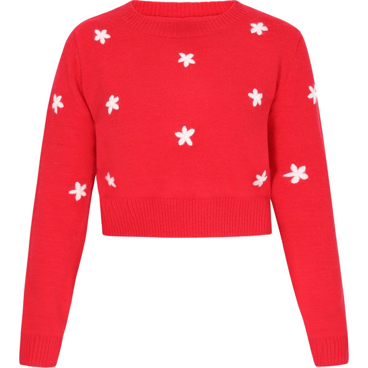 Kurz geschnittener Strickpullover mit Blumenstickerei