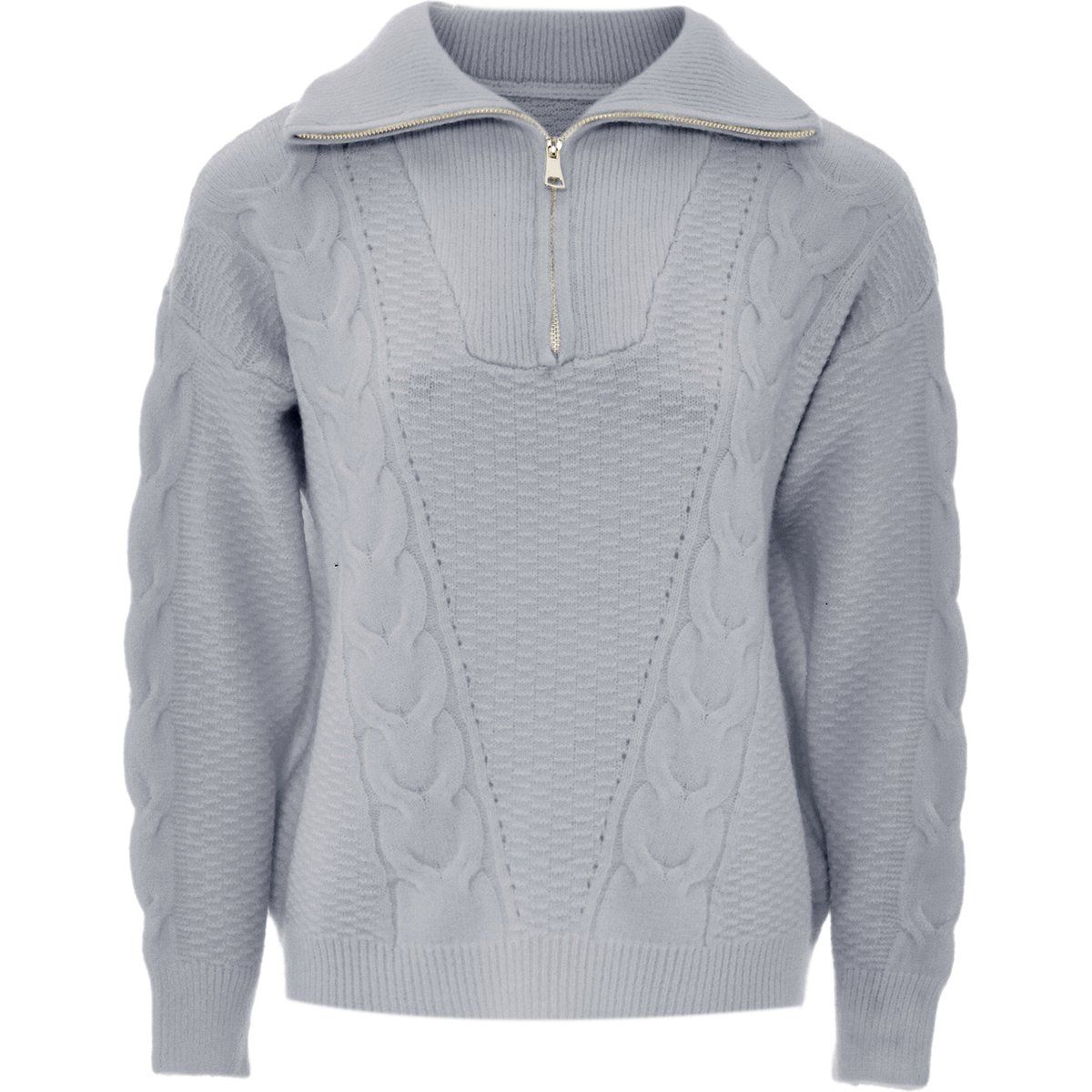 Zopfmuster-Pullover mit Viertel-Reißverschluss